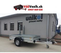 Prívesný vozík brzdený-UNICOL-jednonápravový brzdený prívesný vozík valníkoví-kolesa vedľa ložnej plochy-zakladacie kliny-oporne koleso-
