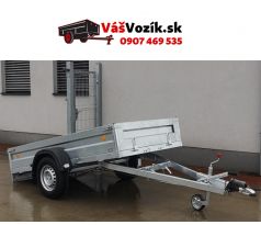 Prívesný vozík-brzdený-výklopný-pozinkované bočnice- -UNICOL-jednonápravový brzdený prívesný vozík valníkoví-kolesa vedľa ložnej plochy-držiak s oporným kolesom-zakladacie kliny-