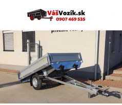 Prívesný vozík-brzdený-výklopný-pozinkované bočnice- -UNICOL-jednonápravový brzdený prívesný vozík valníkoví-kolesa pod ložnou plochou-sklápateľné odoberateľné bočnice-držiak s oporným kolesom-zakladacie kliny-