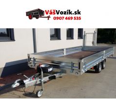 Prívesný vozík-brzdený-dvojnápravový brzdený prívesný vozík valníkový-pozinkované bočnice-UNICOL-kolesa pod ložnou plochu-sklápateľné odoberateľne čelo-držiak s oporným kolesom-držiak s rezervným kolesom-zakladacie kliny-