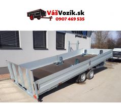 Prívesný vozík-brzdený-výklopný-dvojnápravový brzdený prívesný vozík-hliníkové bočnice-UNICOL-kolesa pod ložnou plochou-sklápateľné čelo rampa-držiak s oporným kolesom-držiak s rezervným kolesom-zakladacie kliny-
