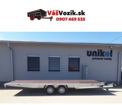 Prívesný vozík-brzdený-plošinový s nájazdmi-dvojnápravový brzdený prívesný vozík-UNICOL-kolesa pod ložnou plochou-držiak s oporným kolesom-držiak rezervne koleso-zakladacie kliny-