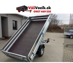 Prívesný vozík-1800x3000-brzdený-výklopný-sklápanie ručnou pumpou-pozinkované bočnice- -UNICOL-jednonápravový brzdený prívesný vozík valníkoví-kolesa pod ložnou plochou-odoberateľné bočnice-držiak s oporným kolesom-zakladacie kliny-