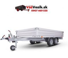 Prívesný vozík-brzdený-dvojnápravový brzdený prívesný vozík valníkový-hliníkové bočnice-AGADOS-kolesa pod ložnou plochu-sklápateľné odoberateľne čelo-odoberateľné bočnice-držiak s oporným kolesom-držiak s rezervným kolesom-zakladacie kliny-