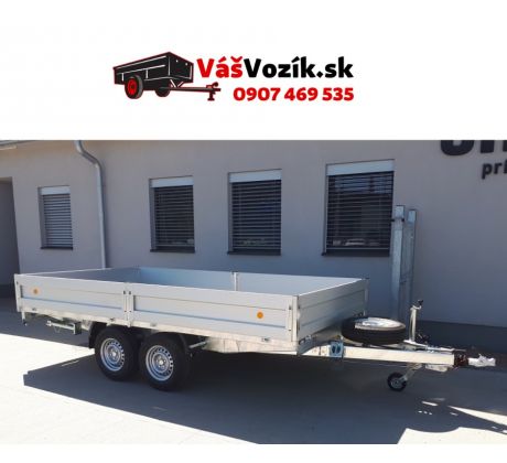 Prívesný vozík-brzdený-1800x4500-dvojnápravový brzdený prívesný vozík valníkový-pozinkované bočnice-UNICOL-kolesa pod ložnou plochu-sklápateľné odoberateľne čelo-držiak s oporným kolesom-držiak s rezervným kolesom-zakladacie kliny-