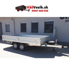 Prívesný vozík-1500x3500-brzdený-dvojnápravový brzdený prívesný vozík valníkový-pozinkované bočnice-UNICOL-kolesa pod ložnou plochu-sklápateľné odoberateľne čelo-držiak s oporným kolesom-držiak s rezervným kolesom-zakladacie kliny-